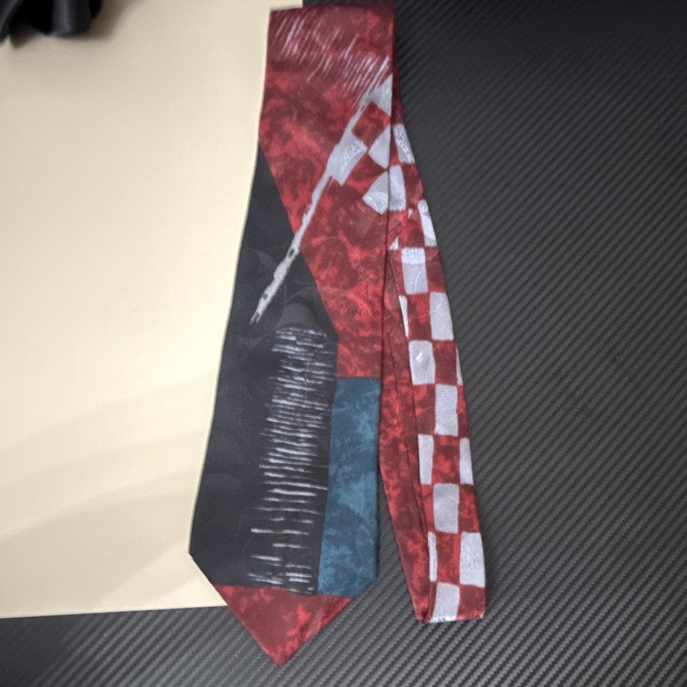 Surrey Mens Woven Silk Necktie Red Black Blue Gray abstract Pattern 57"